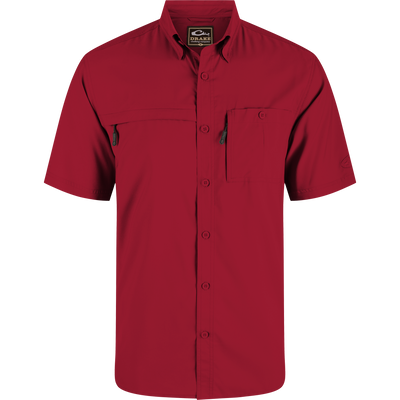 8-Shot Flyweight Shirt featuring a lightweight design, hidden button-down collar, vented cape back, and dual chest pockets with concealed zippers for hunting or casual wear.