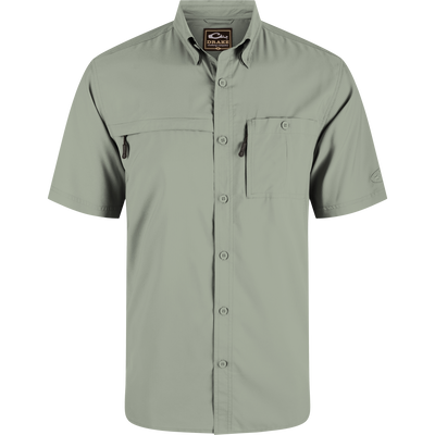 Close-up of the 8-Shot Flyweight Shirt featuring a hidden button-down collar, vented cape back, and chest pockets with hidden zippers.