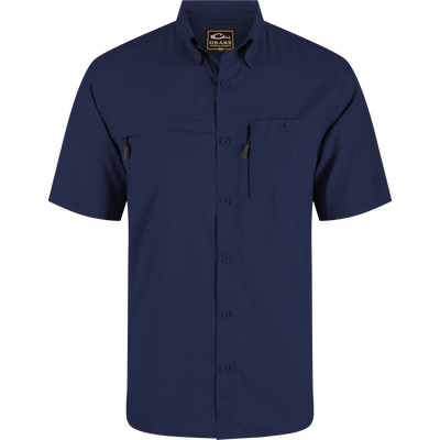 8-Shot Flyweight Shirt featuring a hidden button-down collar, vented cape back, and dual chest pockets with hidden zippers, ideal for hunting and outdoor activities.