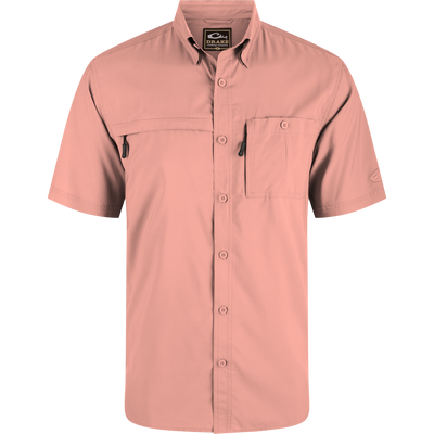 Close-up of the 8-Shot Flyweight Shirt, highlighting the hidden button-down collar, vented cape back, and chest pockets with hidden zippers.