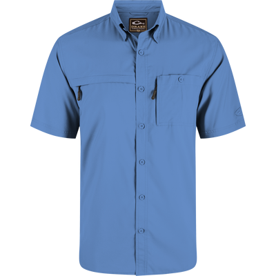 8-Shot Flyweight Shirt with hidden button-down collar, vented cape back, and dual chest pockets with zippers, designed for optimal movement and moisture-wicking.