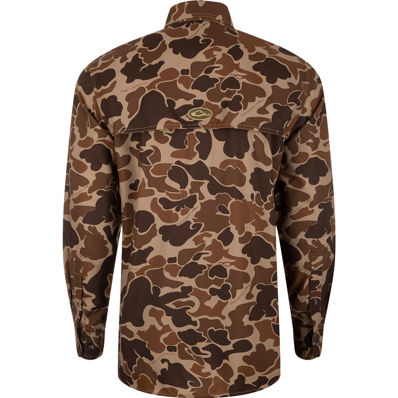 Back view of Mississippi State 8-Shot Long Sleeve Shirt, featuring brown camouflage pattern, vented cape back, and lightweight, quick-drying fabric ideal for hunting activities.