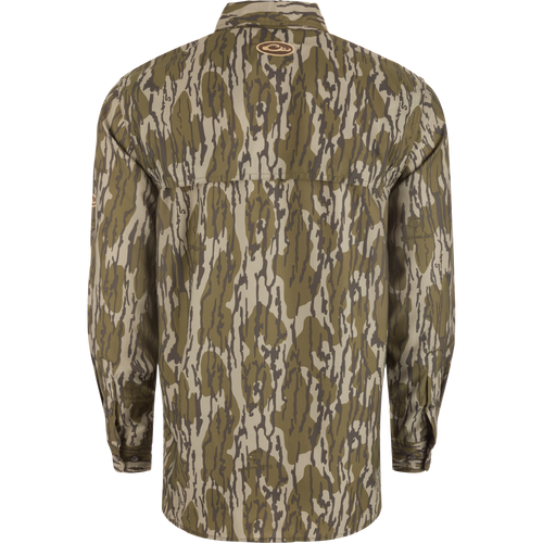Ole Miss 8-Shot Long Sleeve Shirt in woodland camo pattern, featuring button cuffs, yoke seam, and vented cape back, ideal for hunting or outdoor activities.