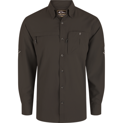 Long-Sleeved Flyweight Camo Hunting Shirt with vented cape back, adjustable roll-up sleeves, chest pockets, and split tail hem, designed for comfort and functionality.