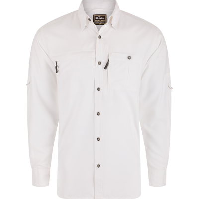 Long-Sleeved Flyweight Camo Hunting Shirt with vented cape back, hidden collar, dual chest pockets, and adjustable sleeves, ideal for versatile hunting and outdoor activities.