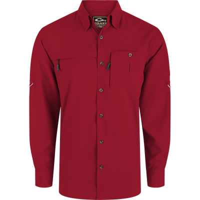 Long-Sleeved Flyweight Camo Hunting Shirt with vented cape back, hidden zippers, and adjustable sleeves, designed for optimal mobility and moisture wicking during hunting.