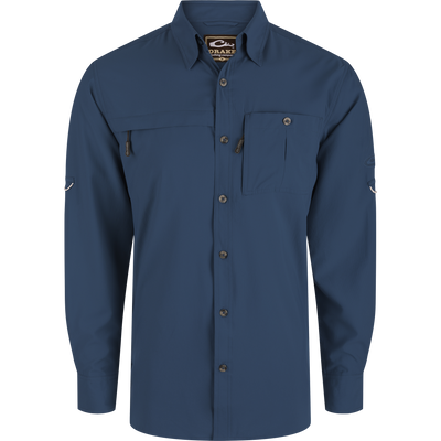 Long-Sleeved Flyweight Camo Hunting Shirt with vented cape back, hidden zip pockets, and adjustable sleeves, ideal for hunting with moisture-wicking and UPF 30 protection features.