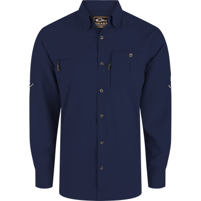 Long-Sleeved Flyweight Camo Hunting Shirt with vented back, adjustable sleeves, hidden zippers, and split tail hem, ideal for hunting with moisture-wicking and sun protection features.