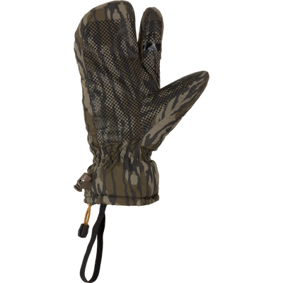 LST Down Lobster Mitten with camo pattern, rubberized hex-grip palm, elasticized wrist cuff, and wrist strap, designed for cold-weather performance and mobility.