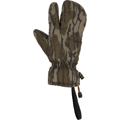 LST Down Lobster Mitten in camo pattern, with a three-finger design, textured palm for grip, and adjustable wrist strap for secure fit.