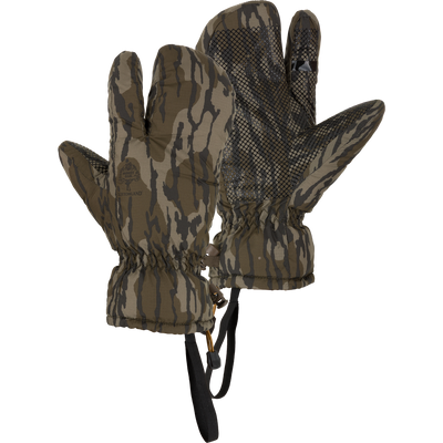 LST Down Lobster Mittens in Mossy Oak Bottomland pattern, featuring elastic wrist, grippy palm, toggle cuff, and lanyard strap for secure, cold-weather hunting use.