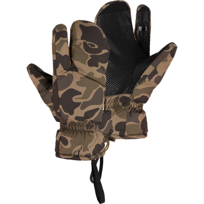 LST Down Lobster Mittens with camouflage pattern, textured black grip, and wrist cinch, designed for cold-weather hunting with durable ripstop shell and premium down insulation.