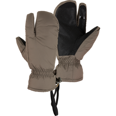 LST Down Lobster Mittens with three-finger design, rubberized grip, and adjustable wrist, ideal for cold-weather hunting or fishing with durable ripstop shell and premium insulation.