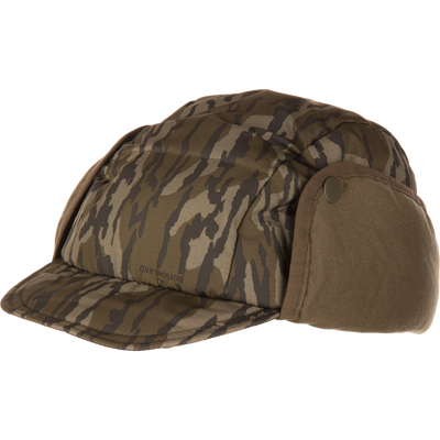 Camo-patterned LST Down Hat with snap-on ear flaps, featuring durable ripstop shell and premium down insulation for warmth and comfort in unpredictable hunting conditions.