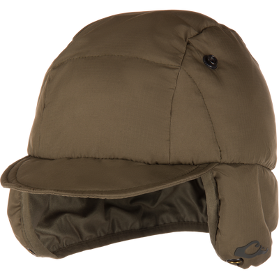 LST Down Hat, a padded, olive-green bomber-style cap with quilted insulation, fold-down ear-flaps, and a water-repellent ripstop shell for hunting in changing weather.