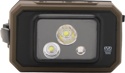 Lumen Headlamp EVO500 close-up, showcasing its dual-fuel capability and 500 Lumen output, ideal for versatile hunting and outdoor activities.
