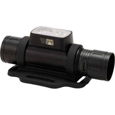 Lumen Headlamp EVO1500 featuring a black rectangular design with adjustable headband, rugged aluminum body, and multiple light settings for versatile outdoor use.