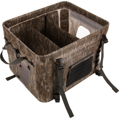 HND Carry All Collapsible Storage Bag with camo pattern, three compartments, side handles, adjustable straps, clear window, and zippered pocket for versatile outdoor gear organization.
