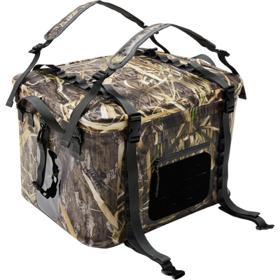 HND Carry All Collapsible Storage Bag with camo pattern, insulated design, adjustable straps, padded handles, zip-pocket, and Molle system, ideal for hunting or outdoor use.