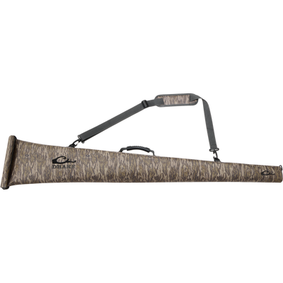 Camouflage-patterned Hardline Waterproof Gun Case with padded strap, designed to protect shotguns up to 28 with waterproof, floatable features in rugged hunting conditions.