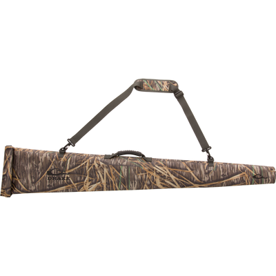 Hardline Waterproof Gun Case with grass-and-reeds camouflage, padded design, top handle, adjustable shoulder strap, and roll-top closure for 28 shotguns.