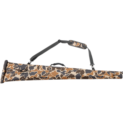 Hardline Waterproof Gun Case in camouflage with molded grip and shoulder strap, designed to keep shotguns dry with waterproof construction and floatability features.