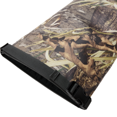 Hardline Waterproof Gun Case with camo-patterned roll-top design, featuring a black webbing strap and quick-release buckle, ensuring waterproof protection for shotguns.