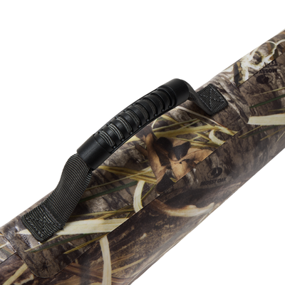 Hardline Waterproof Gun Case with camo pattern, Mossy Oak logo, webbing straps, and a grooved black handle, designed for shotguns up to 28.
