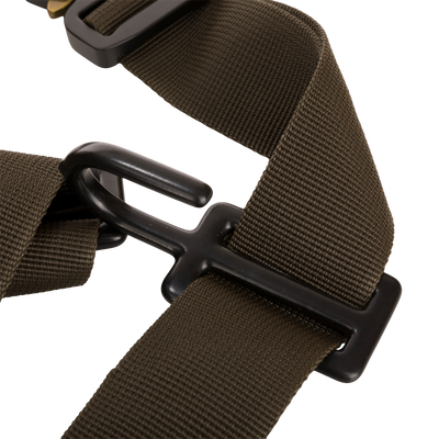 Close-up of the Tree Hugger Shoulder Bag’s olive-green adjustable strap with matte-black hardware, highlighting its rugged construction for outdoor adventures.