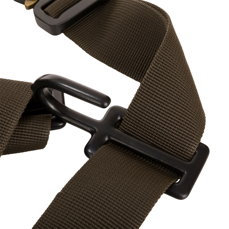 Close-up of the Tree Hugger Shoulder Bag’s olive-green adjustable strap with matte-black hardware, highlighting its rugged construction for outdoor adventures.
