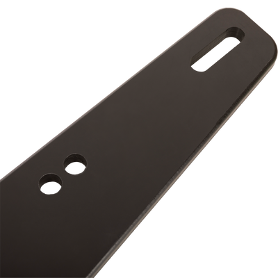 Truck Gun Rest for secure rifle transport; flat bracket with small round and large oblong holes, designed for easy installation on vehicle headrests.