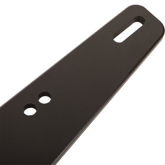 Truck Gun Rest for secure rifle transport; flat bracket with small round and large oblong holes, designed for easy installation on vehicle headrests.