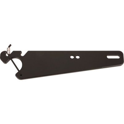 Truck Gun Rest: Black-anodized metal bracket with triangular profile, fits over vehicle headrest posts for securely transporting shotguns and rifles. Features include dual holes and a corded hook end.