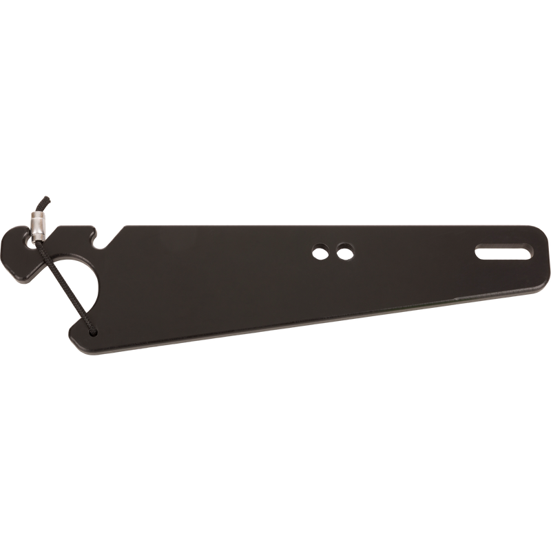 Truck Gun Rest: Black-anodized metal bracket with triangular profile, fits over vehicle headrest posts for securely transporting shotguns and rifles. Features include dual holes and a corded hook end.