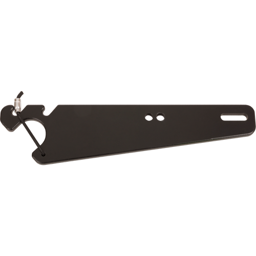 Truck Gun Rest: Black-anodized metal bracket with triangular profile, fits over vehicle headrest posts for securely transporting shotguns and rifles. Features include dual holes and a corded hook end.