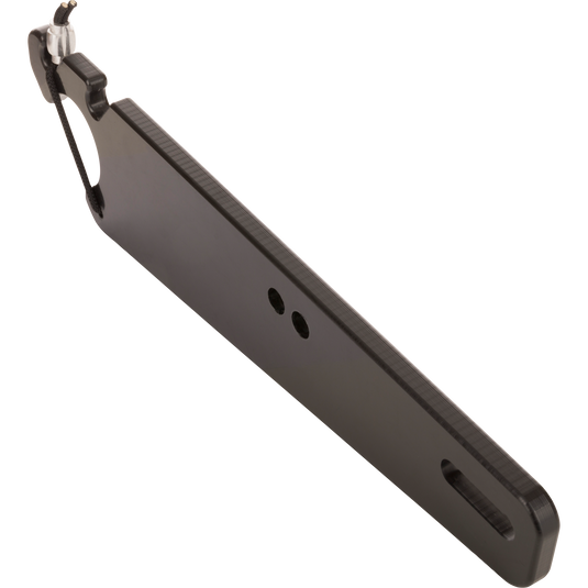 Truck Gun Rest bracket with two screw holes, a slotted hole, and a hook for secure, hardware-free installation in vehicles, ideal for hunting gear transport.