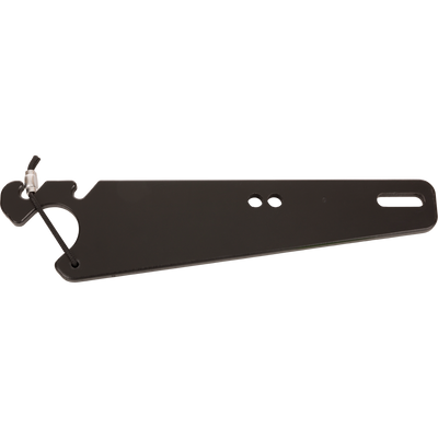 Truck Gun Rest: Black metal multi-tool with circular cut-out, lanyard, and slots for easy headrest installation, enhancing secure firearm transport in vehicles.