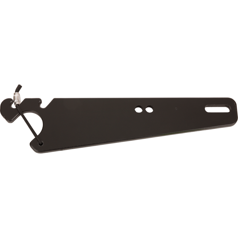 Truck Gun Rest: Black metal multi-tool with circular cut-out, lanyard, and slots for easy headrest installation, enhancing secure firearm transport in vehicles.