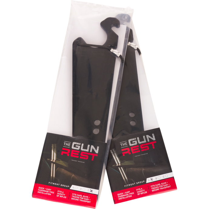 Two factory-sealed packages of the Truck Gun Rest, a hardware-free bracket for securing rifles in vehicles, designed for easy installation with headrests.