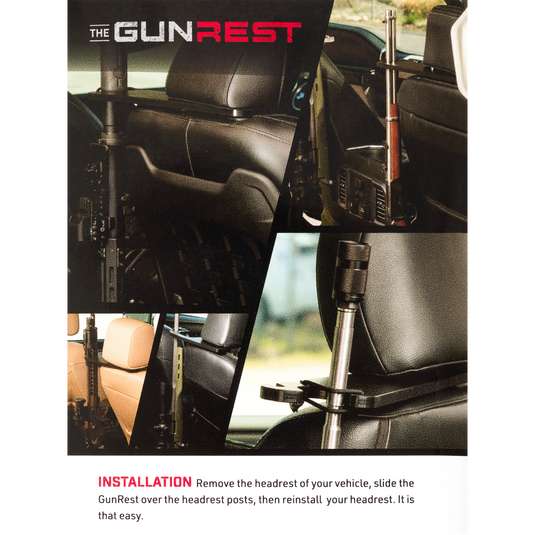 Truck Gun Rest brochure page showing installation on a car headrest, with rifle secured. Easy, hardware-free fit for various firearms in vehicles.