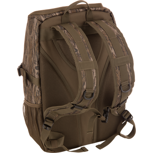 Drake Day Pack rear view showing padded mesh-backed shoulder straps, adjustable sternum and waist straps, and side compression straps, ideal for outdoor adventures.