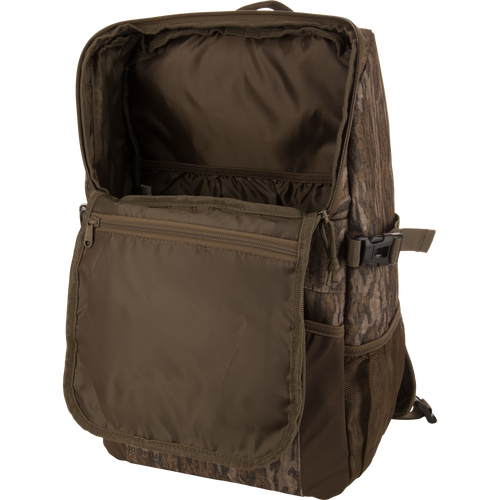 Drake Day Pack with unzipped main compartment, inner pockets visible. Features rugged, water-resistant material, ideal for hunting adventures and outdoor use.