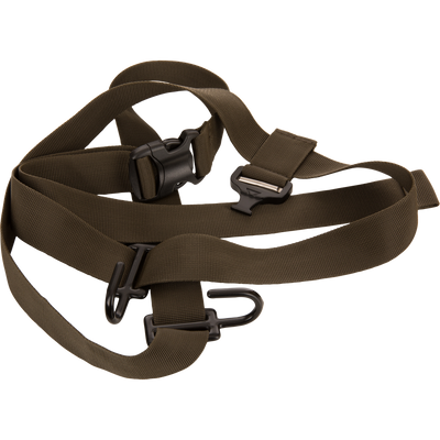 Tree Hugger Timber Day Pack's Ultimate Timber Strap features adjustable nylon webbing, a side-release buckle, and two metal hooks for versatile gear attachment.