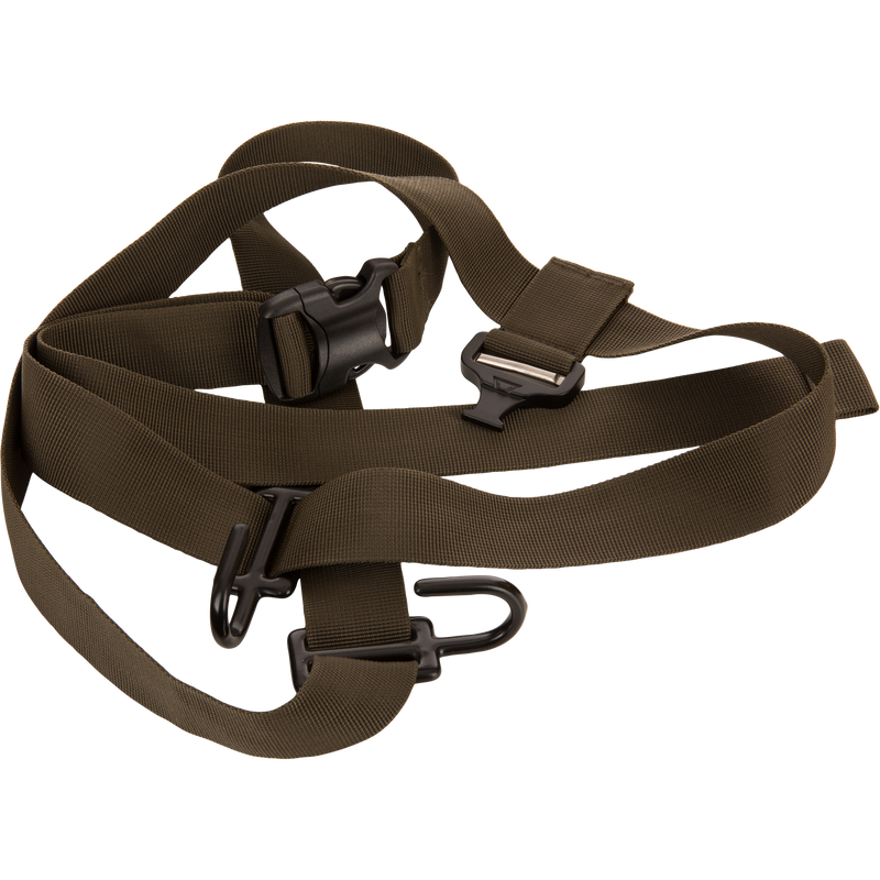 Tree Hugger Timber Day Pack's Ultimate Timber Strap features adjustable nylon webbing, a side-release buckle, and two metal hooks for versatile gear attachment.