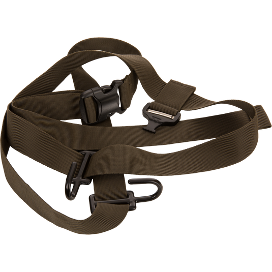 Tree Hugger Timber Day Pack's Ultimate Timber Strap features adjustable nylon webbing, a side-release buckle, and two metal hooks for versatile gear attachment.