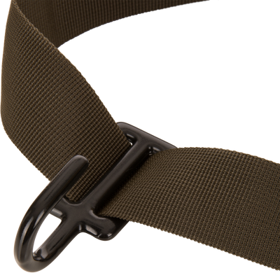 Close-up of the Tree Hugger Timber Day Pack's olive-drab nylon strap threaded through a black metal buckle, showcasing its durable, adjustable design for outdoor excursions.