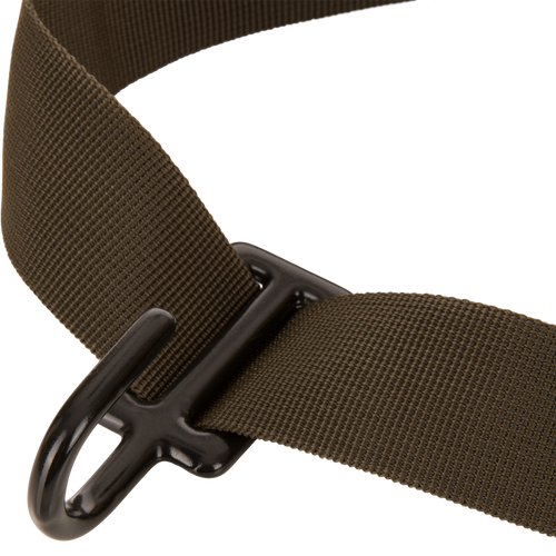 Close-up of the Tree Hugger Timber Day Pack's olive-drab nylon strap threaded through a black metal buckle, showcasing its durable, adjustable design for outdoor excursions.