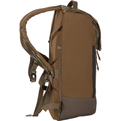 Side view of the CommandXT Quick Load Pack featuring camouflage-patterned padded straps, paracord zipper pulls, and a reinforced base, ideal for outdoor adventures.