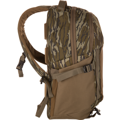 Close-up of the Campus Backpack in a rugged “tiger-stripe” camouflage pattern, featuring a padded shoulder strap, back panel, and dual zipper track for versatile, durable performance.