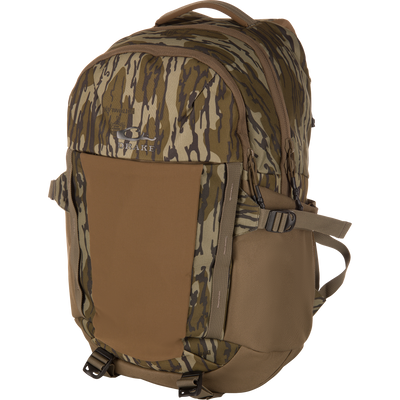 Drake Campus Backpack featuring a green/brown tiger-stripe camouflage pattern, highlighting its carry handle, zippered compartments, straps, and durable outdoor design.